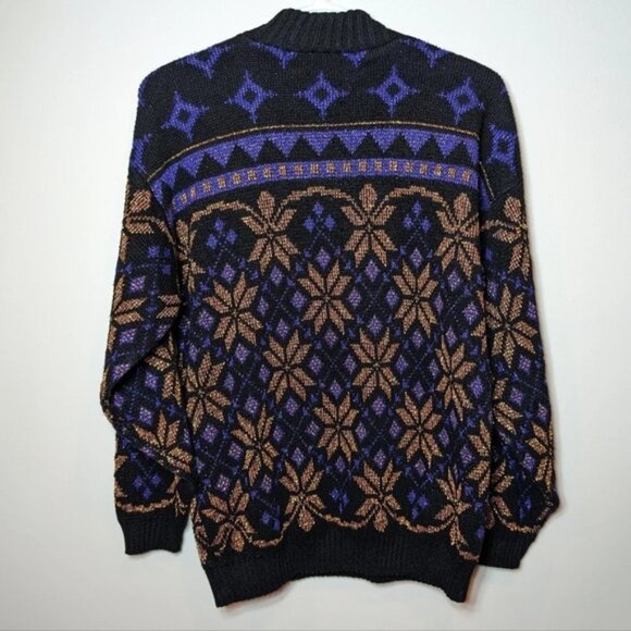 Vintage Sweaters - Vintage  Rose Sparkle Black Gold Indigo Purple Snowflake Floral Small
